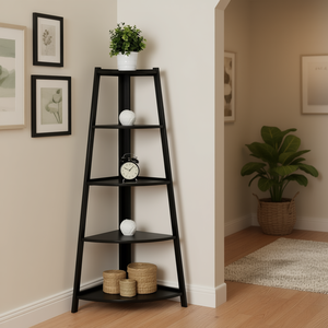 Étagère d'angle en bois noir à 5 niveaux pour la maison, présentoir de rangement au design moderne, étagères murales autoportantes pour salon - Product Image 2