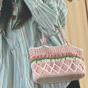 Borsa a tracolla fatta a mano all'uncinetto con tulipani primaverili a rombo, colore a contrasto, perle, materiale fai da te, per il tempo libero e i viaggi, AliExpress Cross - Product Image 4