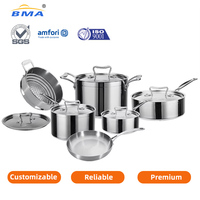 Ensemble marmites de cuisson 11 pièces anti-adhésif en acier inoxydable tri-pli, batterie de cuisine poêles et casseroles.