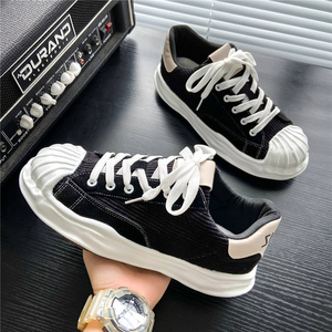 Baskets en toile épaisses noires et blanches à lacets, bout rond, semelle extérieure en caoutchouc respirante, chaussures de marche toutes saisons - Product Image 1