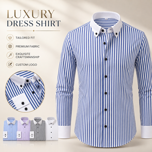 Camisas de vestir para hombre de lujo con rayas azules, cuello en contraste, manga larga, corte ajustado, camisa formal de negocios, logotipo bordado personalizado - Product Image 1