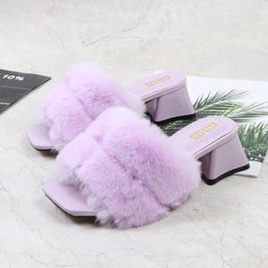 Escarpins Femme Big Furry Upper Babouches Dame <span class=keywords><strong>2022</strong></span> Mesdames Pantoufles 5CM Bas Fourrure Talons Hauts pour Femmes - Product Image 4