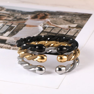 สร้อยข้อมือสแตนเลส CZ079 เครื่องประดับถักแบบยูนิเซ็กซ์ สีดำ ทอง เงิน ดีไซน์เรขาคณิต - Product Image 4