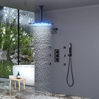 HOMEDEC Ensemble de douche mural carré LED 12 pouces à montage au plafond, avec pommeau de douche pluie, mitigeur 4 voies 6 pouces, douchette à main et 6 jets latéraux, noir
