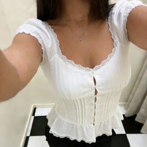 Cárdigan de Verano con Mangas Abullonadas de Encaje, Cuello en V, Botones al Frente, Ecológico, Liso, para Mujer, Artículo de Moda para Vacaciones y Citas - Product Image 4