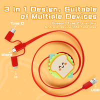Câble de charge rétractable 4 en 1 personnalisé, câble de charge rétractable multi-ports pour téléphone USB 4 en 1, câble de charge rétractable mignon en forme de pain de dessin animé
