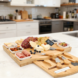 Tabla de cortar queso de bambú grande, juego de cuchillos, plato de charcutería de madera para uso en la cocina, picar vino, queso, <span class=keywords><strong>carne</strong></span> - Product Image 4