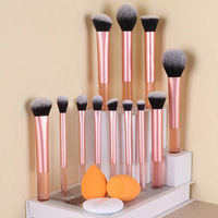 Nouvel ensemble de 15 pinceaux de maquillage à long manche en nylon avec pinceaux plats pour sourcils et eye-liner, et houppette à poudre pour usage professionnel
