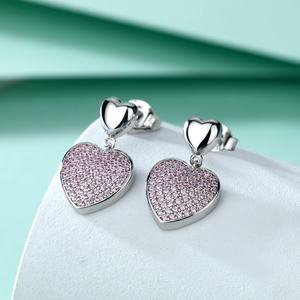 925 Sterling <b>Silver</b> Gold Plated Classic <b>Heart</b> <b>Stud</b> <b>Earrings</b> Women Pink Cubic Zircon Trendy Geometric Weddings Anniversary Party - Product Image 2
