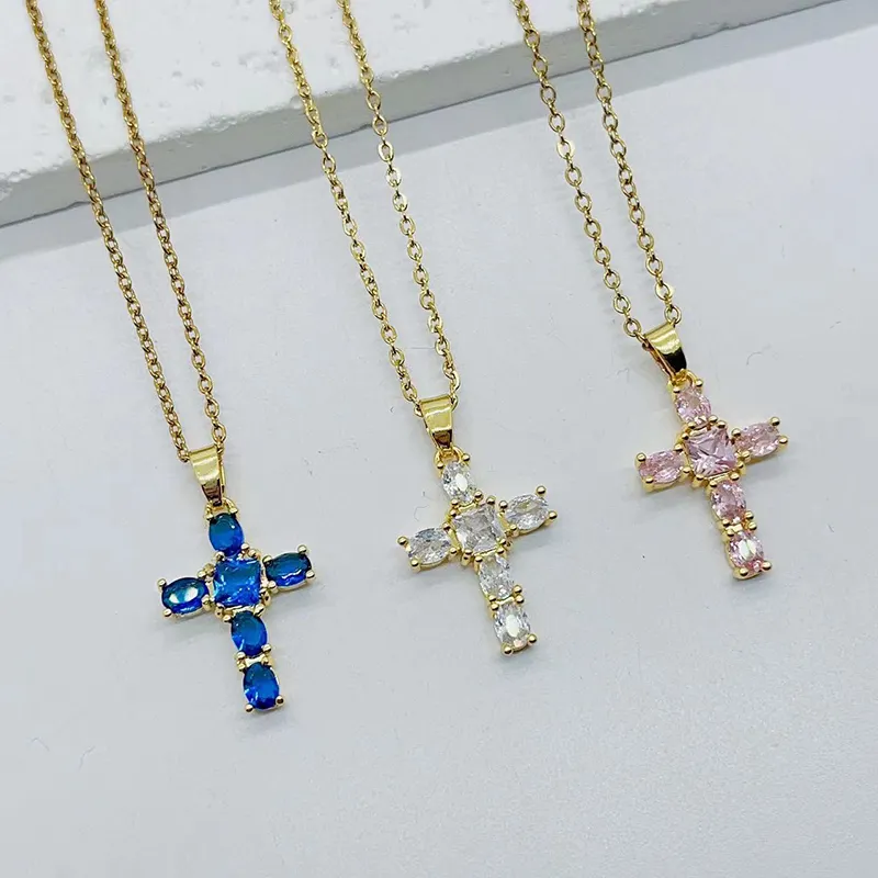 High quality 18k gold plated zircon pink cross necklace jewlery luxury dainty cross pendant necklace for women