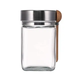 Metalen Deksel 300Ml Vierkante Glazen Opslag Jar Verpakking Fles Glas Kruidkruik Honing Pot Met Houten Lepel Of Dipper stok