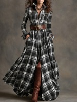 Robe longue à manches longues pour femme, nouvelle collection, avec ceinture, motif écossais, style chemise maxi