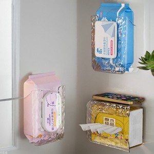 Caja de pañuelos transparente para montar en la pared, soporte para toallitas húmedas, sin necesidad de perforar, organizador de almacenamiento para el baño, forma rectangular - Product Image 1