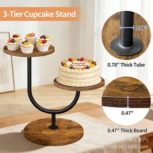Wooden Three Tier Cake Stand Round Iron Wood Combination <b>Birthday</b> Party Dessert Display Rack Tabletop Storage - Product Image 3