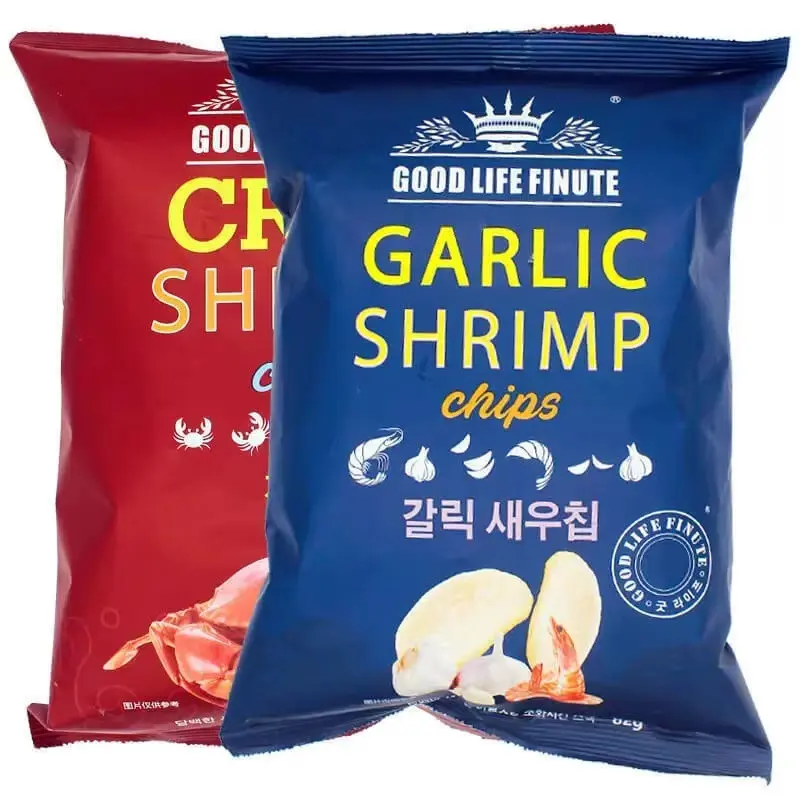 Keripik udang kepiting Korea makanan ringan sehat makanan ringan eksotis produk murah rasa udang bawang putih chip jagung 82g