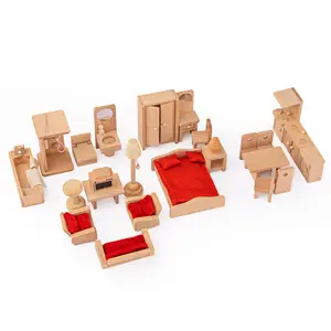 Montesori asli kayu boneka Rumah Furniture Set 22pcs aksesoris berpura-pura bermain Furniture mainan untuk anak perempuan balita anak-anak