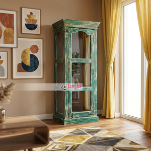 Étagère rustique en bois avec portes en verre, armoire de rangement à 3 niveaux, finition vert antique, meubles de salon - Product Image 5