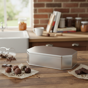 Kontensan L453 <b>Long</b> Octagonal Tin Chocolate Box 3.5 Lt Flat 274x188mm X H70mm <b>Slip</b> Lid Turkey - Product Image 2