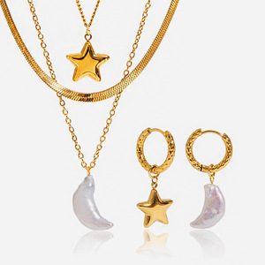Ensemble de boucles d'oreilles étoile lune perle plaqué or en acier inoxydable pour femme, bijoux à porter au quotidien - Product Image 1