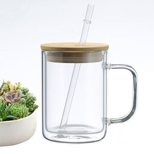 RTS 25 pièces/carton 17oz Gobelets en verre transparent pour sublimation, tasses à bière avec poignée, couvercle en bambou, sans BPA, anti-fuite, réutilisables - Product Image 2