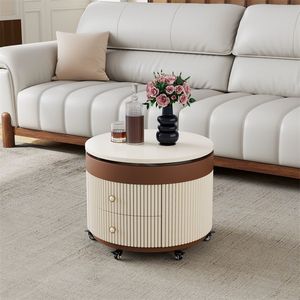 Mesa de centro moderna redonda giratoria con almacenamiento, tapa de madera color crema, móvil, para sala de estar, diseño minimalista - Product Image 2