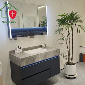 Meuble-lavabo de salle de bains Stone Top avec miroir LED: Armoire de luxe de qualité hôtelière, avec dessus en pierre grise et bleue - Product Image 3