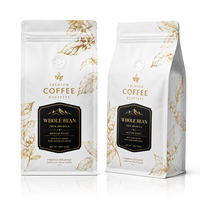 Sachet de café blanc mat personnalisé avec valve, fermeture éclair, impression botanique dorée, fond plat, pour emballage de grains entiers