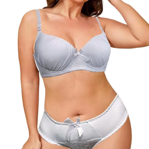 Ensemble soutien-gorge et culotte pour femme, uni, avec nœud décoratif, bordure en dentelle, fermeture dorsale, soutien-gorge push-up, lingerie sexy avec string - Product Image 1