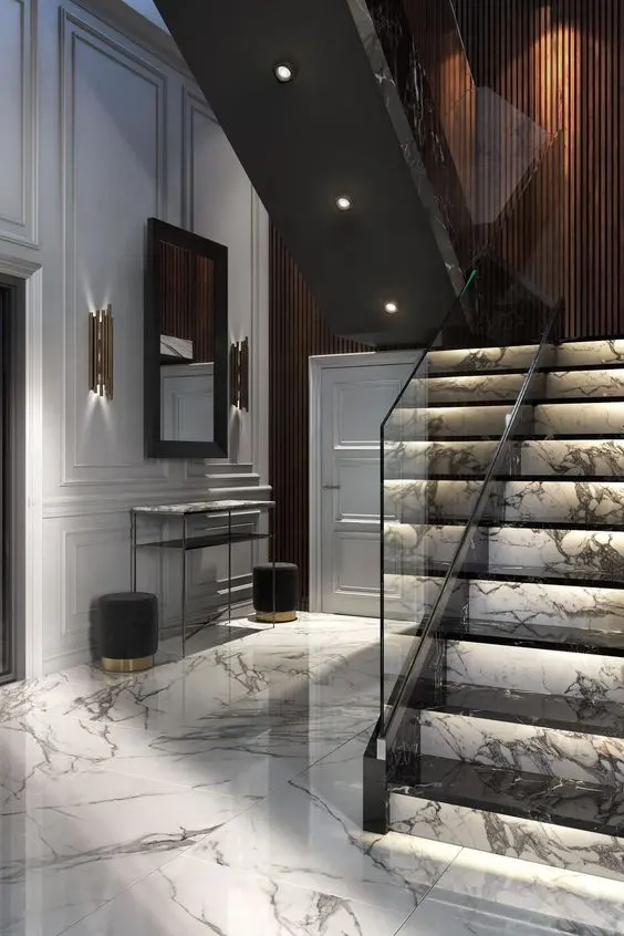 CBMmart中国天然石階段ステップデザインタイルトレッド白い大理石の階段LEDライト付き