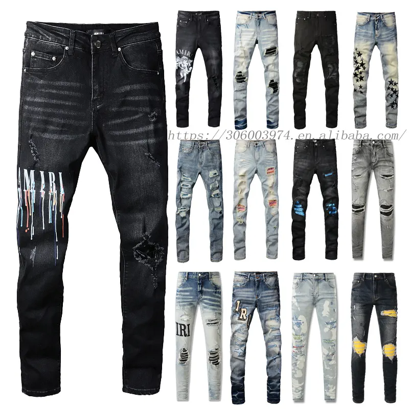 New Arrivals High Quality Streetwear Hiphop Well-worn Faded Vintage Distressed Ripped Patch Denim Baggy Designer Men Amiry Jeans