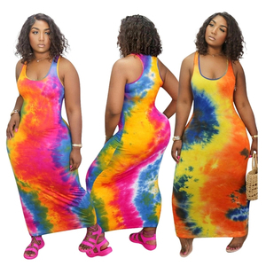 Mujeres verano <span class=keywords><strong>moda</strong></span> recto Casual Maxi vestido señora colorido estampado sin mangas vestidos largos - Product Image 1