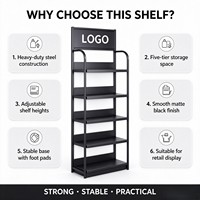 Étagère murale en acier noir avec revêtement poudré, 5 niveaux réglables, avec panneau de retenue arrière