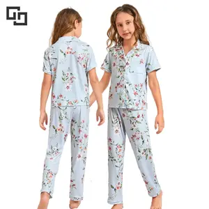 Cotton Contrast Piping Floral Girls Pyjamas Sleepwear Viscose from Bamboo Kids Clothes Pajama Sets