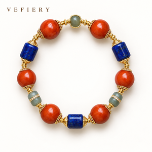 Pulsera Elástica de Cuentas Mixtas de Ágata Roja Natural y Lapislázuli con Separadores en Tono Dorado para Mujer, Joyería al por Mayor - Product Image 1