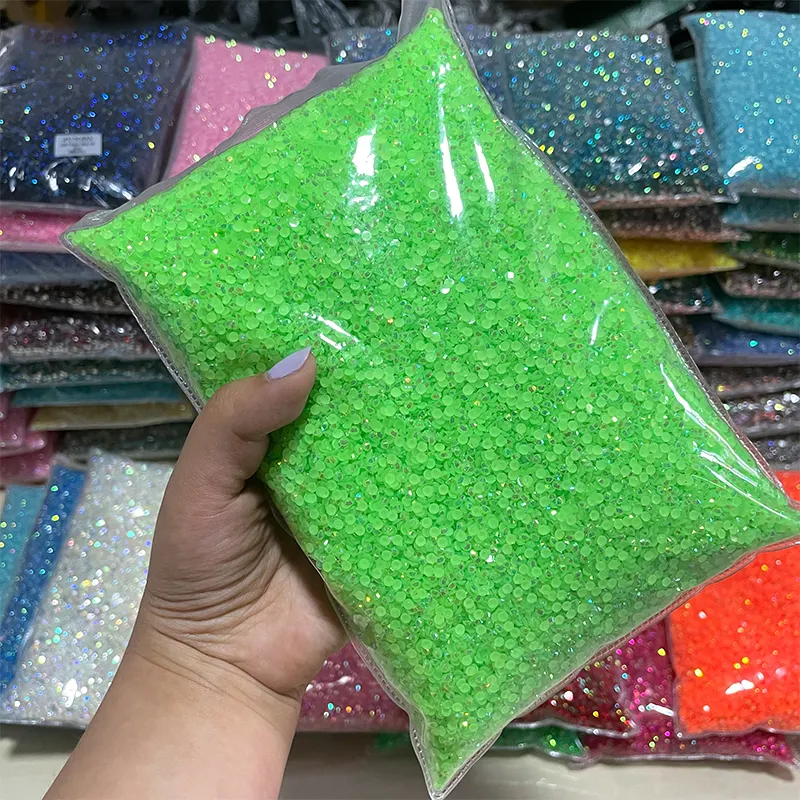 Grosir kristal pipih berlian imitasi Resin Neon hijau AB akrilik 5mm 6mm 4mm 2mm 3mm 4mm untuk batu kuku