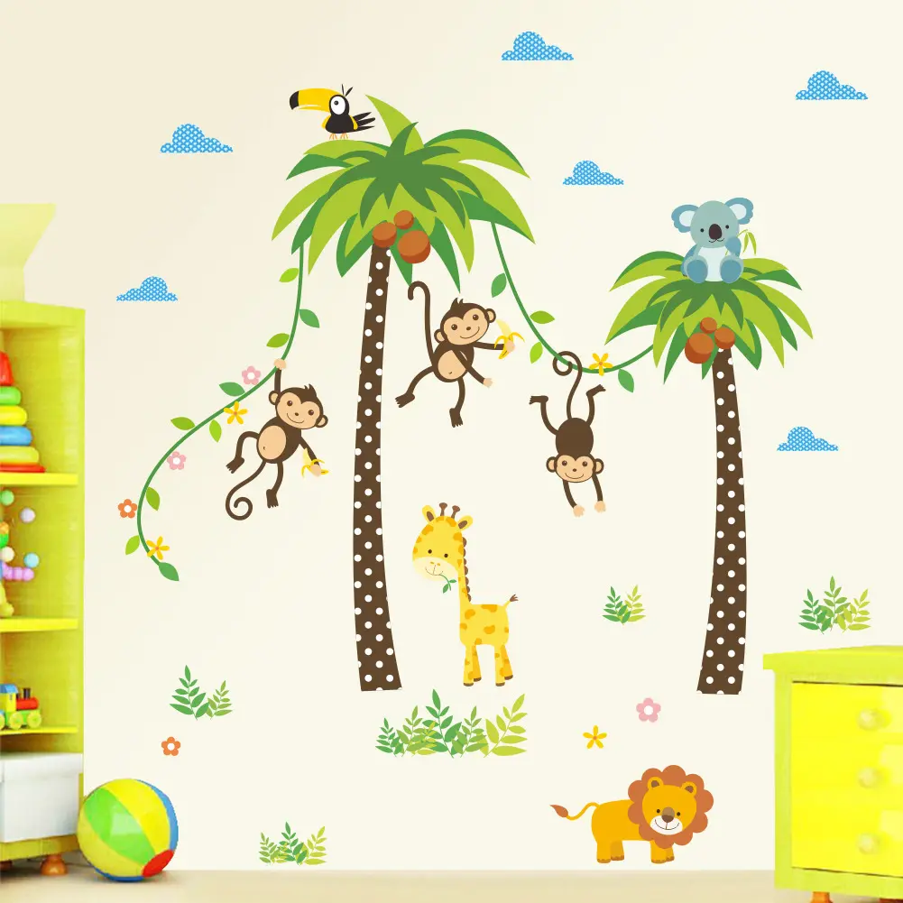 Foresta zoo Gli Animali Coniglio Giraffa Monkey Tree Wall Stickers Per Le Camere Dei Bambini Camera Da Letto Camera Dei Bambini Della Parete Della Decorazione Della Decalcomania Murale Poster