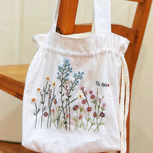 Custom Embroidered Eco Friendly Cotton Linen Tote Bag Unique Fashion <strong>Draw</strong> String Shoulder Bag White Reversible Shopping Bag - Product Image 2