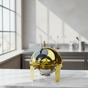 Elegante Scaldavivande Rotondo in Acciaio Inox Dorato <span class=keywords><strong>da</strong></span> 6L con Coperchio <span class=keywords><strong>a</strong></span> Rullo Visibile per Catering e Matrimoni - Product Image 1