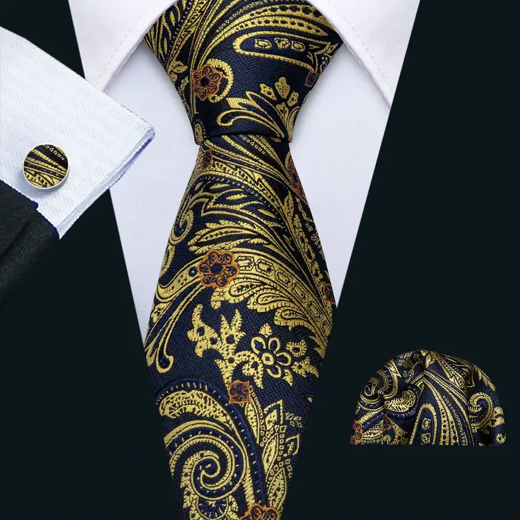Wholesale Custom Design Silk Jacquard Woven Black Golden Paisley Necktie Italian Silk Men Ties And Hanky Set