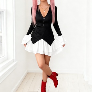 ชุดเดรสผู้หญิงดีไซน์หรูหรา แขนยาว ตกแต่งผ้าต่อสีสันสดใส พร้อมชายกระโปรงระบายแฟชั่น - Product Image 4