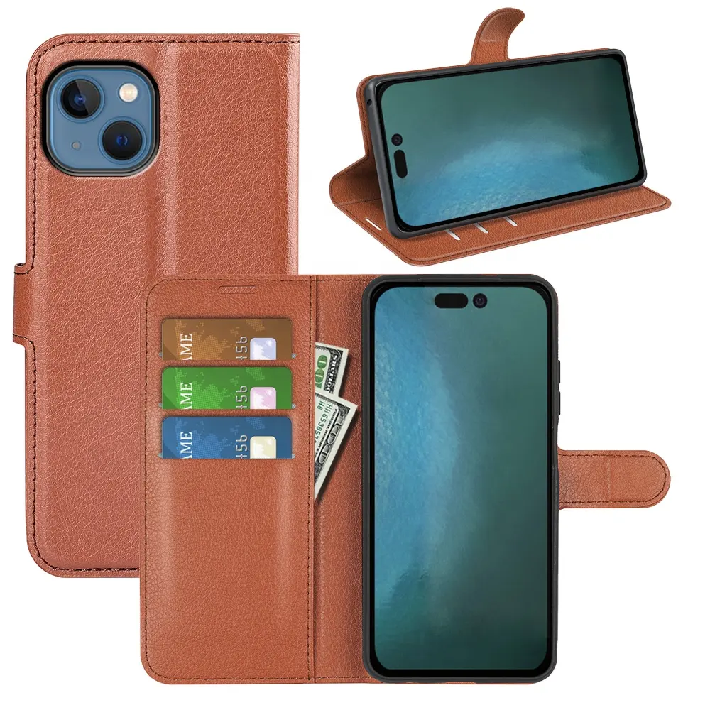 New design Soft card slot back mobile flip cover for iPhone 14 tpu leather folio wallet phone case