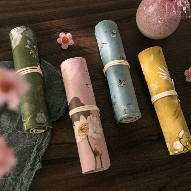 Vintage School Pencil Case for Girls Canvas Roll up Pouch Portable Makeup Cosmetic Brush Pen Storage Pen Box Stationery Supplies
