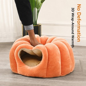 Lit-caverne pour <span class=keywords><strong>chat</strong></span> en velours côtelé floral, design fermé à capuche, garnissage en <span class=keywords><strong>mousse</strong></span> à mémoire de forme, dessus motif feuille verte, amovible et lavable, pour chats - Product Image 2