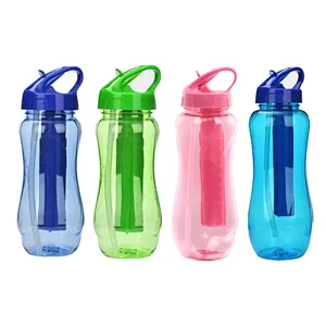 Custom Logo Food grade pc straw design drink freely popular blue unique water bottles with ice tube for drinking with Straw