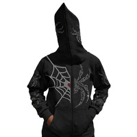 Sudadera con capucha y cremallera completa para hombre, oversize, negra, con bordado 3D, lavado ácido, pedrería y detalles de tela, estilo streetwear gótico Y2K, de invierno, con bolsillo y diseño de araña