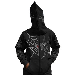 Felpa con cappuccio da uomo oversize nera con ricamo 3D, lavaggio acido, strass, zip integrale, stile streetwear gotico Y2K, invernale, con tasche e motivo a ragno - Product Image 2