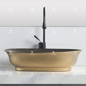 Lavabo de Cerámica Ovalado de Gran Tamaño, Color Dorado, de Porcelana Esmaltada, para Baño, Lavamanos de Sobremesa - Product Image 2