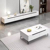 Meuble TV blanc de luxe léger avec plateau en marbre, table basse moderne pour salon, combinaison de meubles avec tiroirs et compartiments, structure en bois massif pour petits espaces