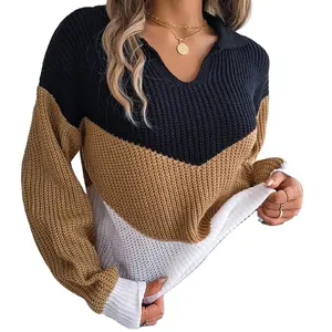 2024 Color Contrast Women's Sweater Casual Knitted Long Sleeve Top Fashion V-neck Pullovers Loose Knit swears pullover sweater