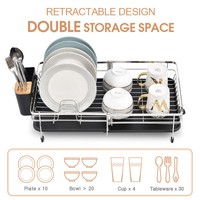 Support de rangement pour ustensiles de cuisine extensible et pliable avec plateau d'évacuation d'eau pour l'organisation de la vaisselle et du bol